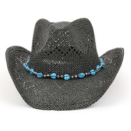 Cowboy Hat for Men Women, Woven Straw Western Cowgirl Cowboy Hat with Beaded Trim and Shapeable Brim for Party Beach (Straw, Black)