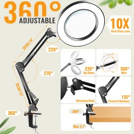 Dayacoco 10x Magnifying Glass with Light and Stand, Magnifying Lamp with 3 Color Modes, Led Lighted Desk Lamp with Clamp, Hand-Free Magnifier with Light for Reading, Handmade, Repair Work