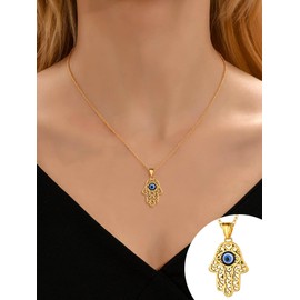 Supcare Women's Hamsa Hand Fatima Necklace Stainless Steel Evil Eye Pendant Dating Chain Evil Eye Turkish Eye Nazar Hamasa Necklace Jewellery for Women Birthday, Stainless Steel