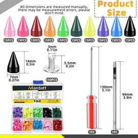 Mardatt 152Pcs 7x14MM Bullet Cone Spikes Studs Cone Spikes Punk Studs and Spikes Metallic Screw Back Spikes Kit with Hole Punch and Screwdriver for DIY Leather Punk Style Accessories