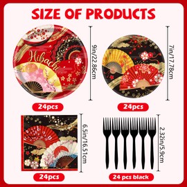 Lovarywow Japanese Hibachi Party Decorations, 96PCS Hibachi Party Plates Napkins and Forks Disposable Tableware Set, Asian Japanese Style Paper Fans Birthday Supplies Decor Serve 24