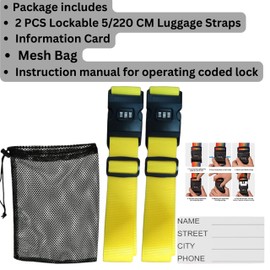 ALTIJARAT INT- 5/220 CM Polypropylene Yellow - 2 Pcs Suitcase Straps With Information Card and Mesh Bag - Password Protected Lockable Luggage Straps for suitcases.