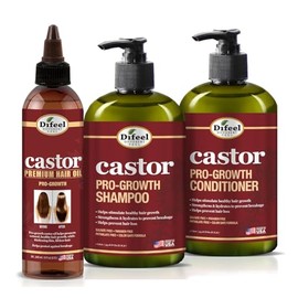 Difeel Juego de 3 piezas para el cuidado del cabello Pro-Growth con aceite de ricino: champú de 12 oz, acondicionador de 12 oz y aceite para el cabello de 8 oz