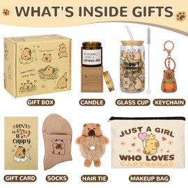 Capybara Gifts for Women Capybara Stuff with Glass Cup Makeup Bag Sock Hair Bands Capybara Keychain and Candle Gift Cards Gift for Capybara Lover