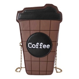 QHMCEXG Women's Small Brown Unique Trendy Fun Coffee Cup Shaped Vegan Leather Crossbody Purse Bag with Gold Chain