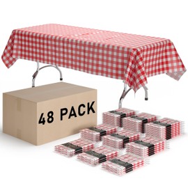 Exquisite Picnic Table Cover - 48 Pack Premium Rectangle Plastic Tablecloth - Red & White Checkered BBQ Plastic Table Cover - Gingham Checkerboard Disposable Plastic Tablecloth 54" x 108" Rectangle