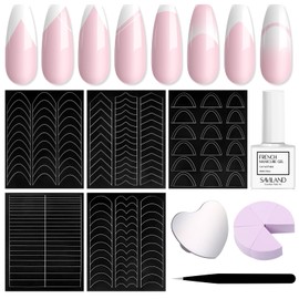 SAVILAND French Tip Nail Stickers Kit: 8 Designs French Manicure Nail Art Stickers Easy French Nail Stickers Sponges for Gradient French Manicure Self-adhesive Nail Tips Guides for Students DIY