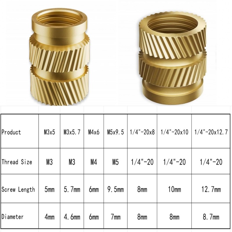 40pcs Threaded Inserts - Knurled Nuts, 1/4"-20x8 Brass Heat Set