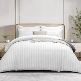 Simply Amelia Double Duvet Cover Sets Premium Hotel Quality Brushed Microfiber Satin Stripe Quilt Cover Set with Pillowcases Hypoallergenic Ultra Soft Microfiber (White, 200 x 200 cm)