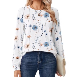 Zeagoo Floral Clothes Puff Long Sleeve Tops for Women Business Casual Basic Tee Shirts Crewneck Lightweight Tshirts