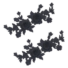 letsinstyle 2 PCS 11 x 5.1 Inch Black Rose Embroidered Floral Appliques, Retro Embroidery Flower Sew on Patch, Repair Decorative Ornament for Wedding Dress Clothes Crafts Accessories