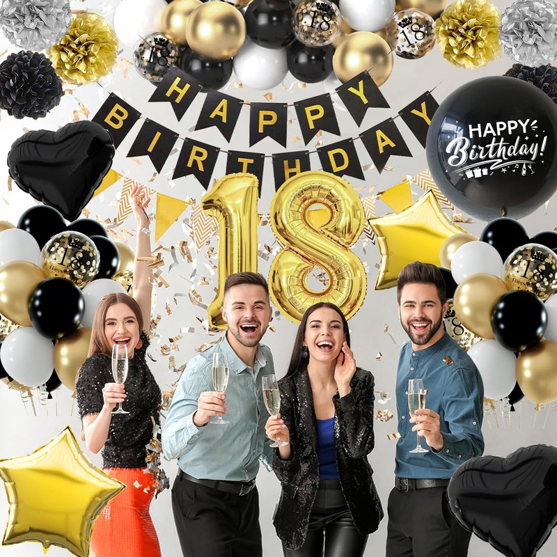 WINAROI 18th Birthday Decoration Boy Girl 18th Black Gold Birthday