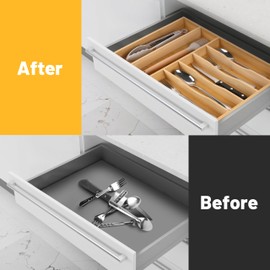 oridom Kitchen Bamboo Silverware Organizer, Kitchen Drawer Organizer - Utensil Holder and Cutlery Tray with Grooved Drawer Dividers for Flatware 7 Slot, Natural