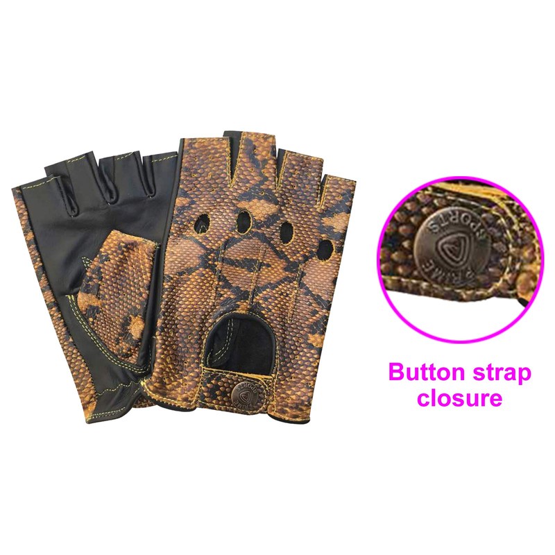 Fingerless Half-Finger Premium Driving/Cycling/Motorcycle Gloves in Real Leather 309, snake-black-yellow