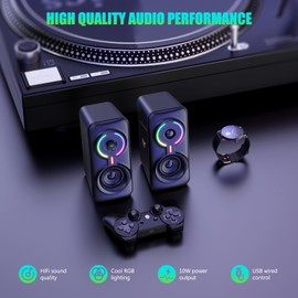 Bluetooth Computer Speakers, RGB Gaming Speakers with 6 Color Backlit, 2.0 CH Stereo Subwoofer, USB Powered Speakers for PCs, Desktop, Laptop, Monitor, Mac, Phone