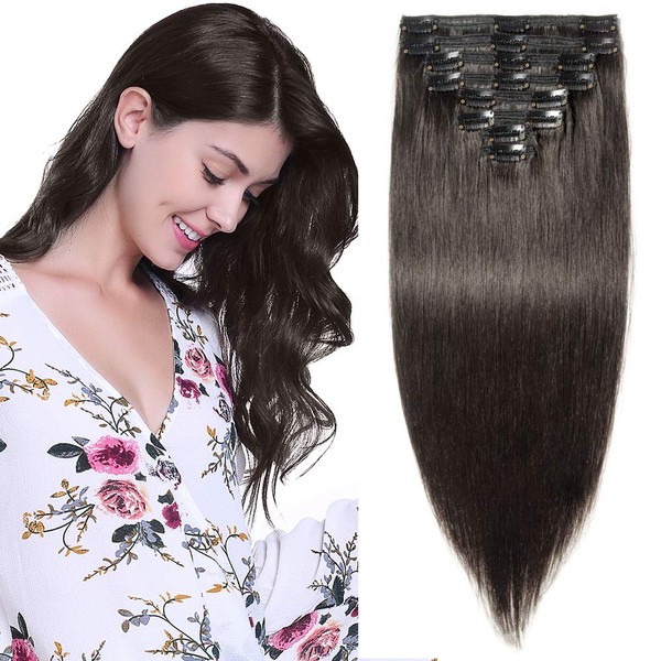 Clip-In Real Hair Extensions, 8 Pieces, Double Wefts, Natural, 55 cm - 160 g, Jet Black #1