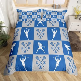 Lacrosse Comforter Cover Lacrosse Ball Grey Blue Geometry Bedding Set Sports Game Duvet Cover for Kids Microfiber Gift for Lacrosse Lover Bedspread Cover Room Decor Bedclothes Twin Size