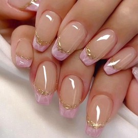 Press on Medium Square Nails French Pink Glossy Full Cover Acrylic Square Shaped False Nails with Gold Foils Designs Artificial Fake Nails with Charms Glue ons Nails Stick on Fingernails for Women