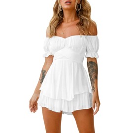 Fixmatti Summer Boho Chiffon Romper for Women Off Shoulder Jumpsuits Casual Short Plasysuit Beachwear White M