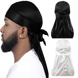 CINY Silky Satin Durag, Breathable Soft Durag with Long Tail Beanies Hat Unisex for Men and Women Bandana Silk Sleep Cap Pirate Hat Bonnet Straps Head Wrap, 1 Black 1 White