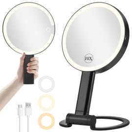 Travel Makeup Mirror with Lights, Rechargeable 1X/10X Magnifying Mirror with Light, Portable Double Sided Lighted Vanity Mirror with 3 Color Dimmable Lights, Hand Held Mirror Hanging Tabletop