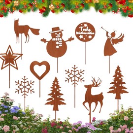 HUIKUANGEU Garden Stake, Pack of 11 Garden Decoration Rust Look, Garden Rust Stakes, Great Garden Decoration Made of Rust Metal, Advent Wreath Rust Decorative Stake, Christmas Trees, Reindeer,