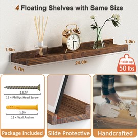 DECKALY Floating Shelves for Wall, Wood Wall Shelves with Lip for Bedroom, Living Room, Kitchen, Office, 24 Inch Wall Mounted Storage Shelves for Room Decor Organizers Set of 4 (Walnut, 4Pack 24inch)
