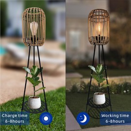 40.55'' Metal Outdoor Solar Floor Lamps with Waterproof Solar Rattan Lights Plant Stand Porch Lantern Decoration for Patio Deck Yard Garden Porch