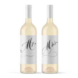 Wedding Wine Bottle Labels Mr. and Mrs. Bride and Groom Gifts for Bridal Shower or Wedding Reception | Mister & Misses | Mr. Mrs. Script Table Decor | Black & White Formal Elegant Script