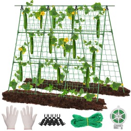 Homiton Cucumber Trellis for Raised Bed, 48" x 48" A-Frame PE-Coated Metal Trellis for Climbing Plants Outdoor, Garden Trellis for Vegetables with Climbing Net and Plant Support Clip for Tomato, Grape