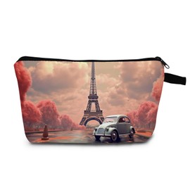 MoCaliduccious Eiffel Tower & Vintage Car Cosmetic Bag Heat Transfer Printed Travel Makeup Pouch for Adults Stylish Gift Idea Urban Landscape Design