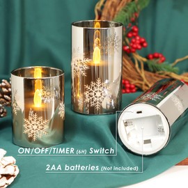 FLAVCHARM Snowflake LED Flameless Candles with Remote and Timer, Electroplate Glass Candles Operated by Battery, Christmas LED Flickering Candles Decoration for Bedroom, Party, Wedding