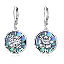 PARYFO Viking Rune Earrings 925 Sterling Silver Abalone Viking Compass Earrings Rune Vegvisir Hanging Earrings Viking Amulet Drop Earrings Jewellery Gift for Women Girls, Sterling Silver