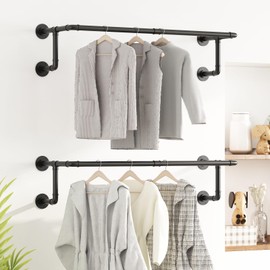 WTPLWD Industrial Pipe Clothes Racks 2 Pack, Black Pipe Wall Mounted Clothing Racks for Hanging Clothes, Space Saving Closet Hanging Rod for Laundry Room, Bedroom