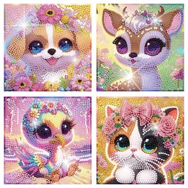 4 Packs Cartoon Diamond Art Kits for Adults,5D Cute Animals Diamond Arts Mosaic Kits for Adults Beginner,DIY Full Round Drill Gem Art for Home Wall Decor Adults Present 6X6 inch(without frame)
