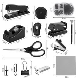 Black Desk Accessory Kit Cute Office Supplies Set Desktop Stapler Set Includes Staple Remover Hole Punch Tape Dispenser Ballpoint Pen Scissor Mini Box Cutter Tape Measure Paper Clips Sticky Notes