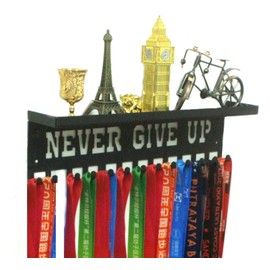 URBN BY MODERN HOME FINISHINGS Never Give Up Motivational Sports Medal Holder Display Rack Case Ribbon Hanger with Shelf and Hooks
