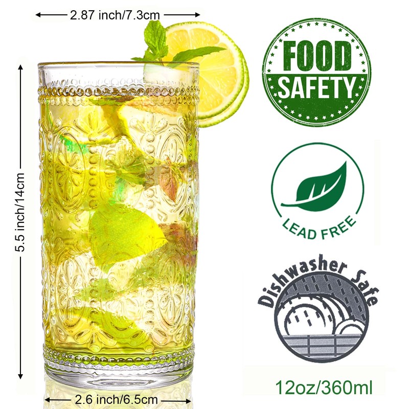 Bekith 6 Pack 12 oz Romantic Water Glasses, Premium Drinking