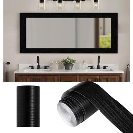 Alened 10M Black Wood Grain Mirror Frame Border Peel and Stick Wallpaper, Removable PVC Waterproof Bathroom Mirror Tape Sticker Trim, Kitchen Wallpaper Self Adhesive Decor Sticker 1.96" x 393"