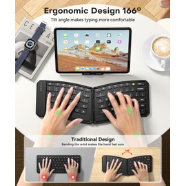 Ergonomic Foldable Keyboard, Portable Folding Travel Bluetooth Keyboard for Business and Travel, 3 Devices Dual-Mode(2.4G+BTx2) Ultra Slim Wireless Keyboards for Windows, iOS, Android, Use on the Leg