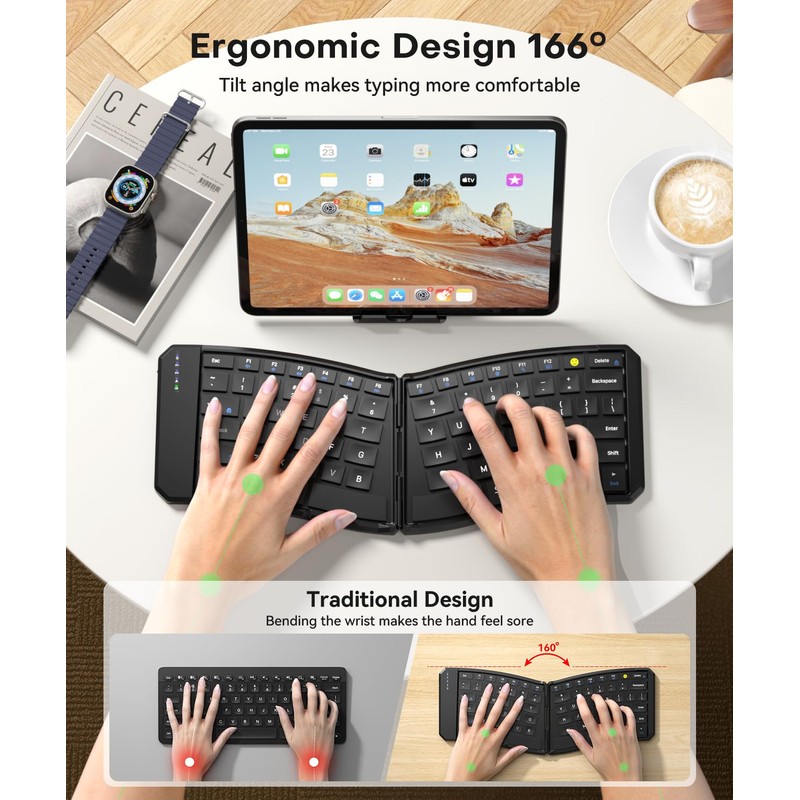 Ergonomic Foldable Keyboard, Portable Folding Travel Bluetooth Keyboard for Business