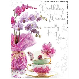 "Happy Birthday" Greeting Card - Pink Orchids & Teacups Feminine Floral Design by Jonny Javelin, For Women Friend Mum Grandma