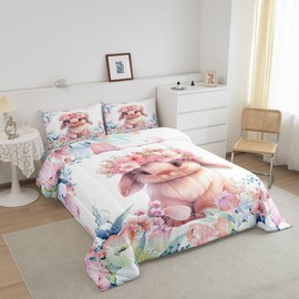Feelyou Cute Rabbit Comforter Set Twin Size Kids Cartoon Bunny Animal Comforter for Boys Girls Teens Flower Floral Print Bedding Set Farm Zoo Garden Theme Duvet Set Room Decor