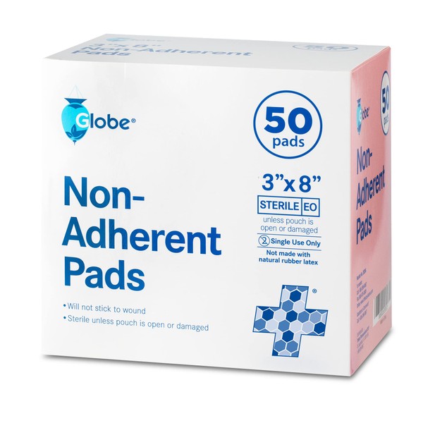 Globe Advanced Sterile Non-Adherent Pads| 50-Pack, 3” x 8”| Non-Adhesive Wound Dressing| Highly Absorbent & Non-Stick, Painless Removal-Switch| Individually Wrapped for Extra Protection (3 x 8)
