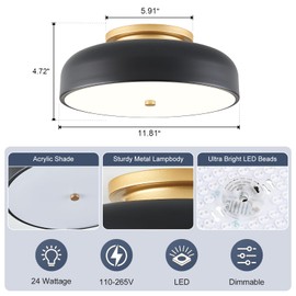 ZUYURT Dimmable LED Ceiling Light, Black and Gold Light Fixture, Mid-Century Semi Flush Mount Ceiling Light 5CCT 2700K-6000K Ceiling Lamp for Laundry Room Kitchen, Bedroom, Hallway(11.8in)