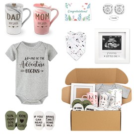 New Parents Gift Set Est 2025 Pregnancy Announcement Gifts for Couples-First Time New Mom Basket for Baby Shower Gender Reveal-Mom & Dad Mugs, Decision Coin, Baby Ultrasound Frame, Onesie, Bib, Socks