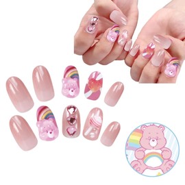 CareBears Character Care Bear, Nail Tip, Stickable and Removable, 3D, 24 Pieces, Short, Gradient Stone, Nail Sticker, Stylish, Girls, Popular, Removable,