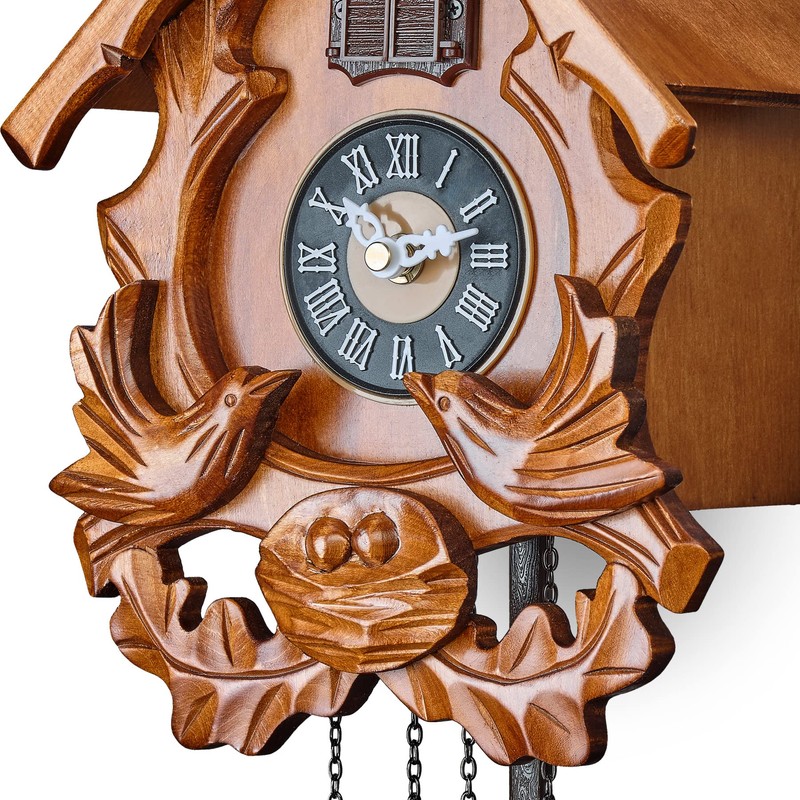 TIMEGEAR Cuckoo Clock with Night Mode, Singing Bird and Carved