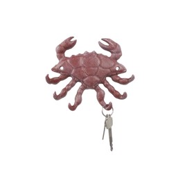 Red Whitewashed Cast Iron Decorative Crab with Six Metal Wall Hooks 7"