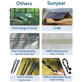 Sunyear Hammock Camping with Rain Fly Tarp and Net, Portable Camping Hammock Double Tree Hammock Outdoor Indoor Backpacking Travel & Survival, 2 Tree Straps,100% Waterproof Black/Grey Bundle